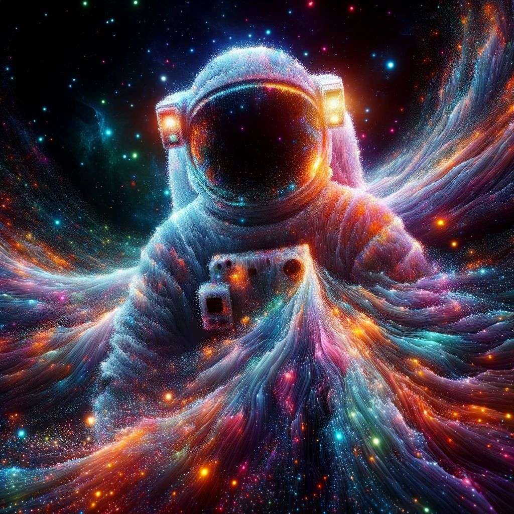 an astronaut, made from glowing multicolored luminescent particles, digital art